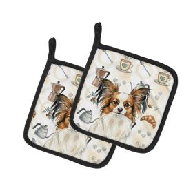 White with Sable Papillon Coffee Bar Pair of Pot Holders Pair 7.5x7.5 Quilted Insulated Hot Pads Decorative Kitchen Gift Made in USA