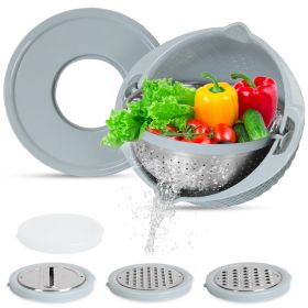Multifunctional Mixing Bowl with Lid Set 3 Replaceable Graters Food Strainer and Colander Fruit Vegetable Washing Basket Stainless Steel (Option: Blue)